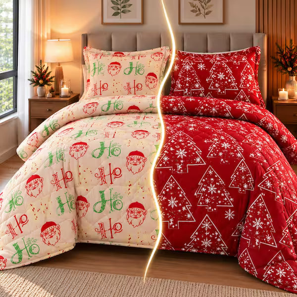 Edredón Navideño Doble Faz + Protector de Colchón GRATIS