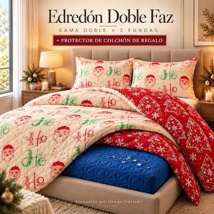 Edredón Navideño Doble Faz + Protector de Colchón GRATIS