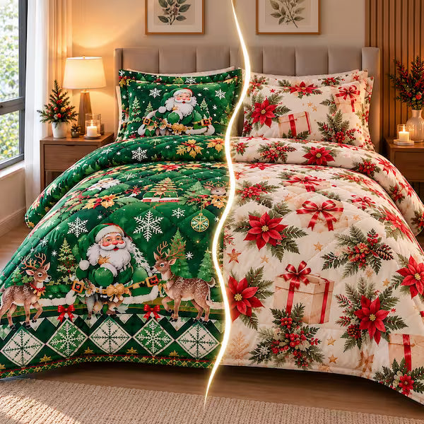 Edredón Navideño Doble Faz + Protector de Colchón GRATIS